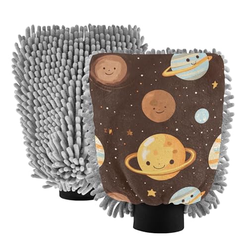 Cartoon Outer Planets Alphabet Brown Car Washing Mitts Microfiber 2 Pack Car Washing Glove Scratch Free Clean Safe Mitt for Hand Brush Cleaning