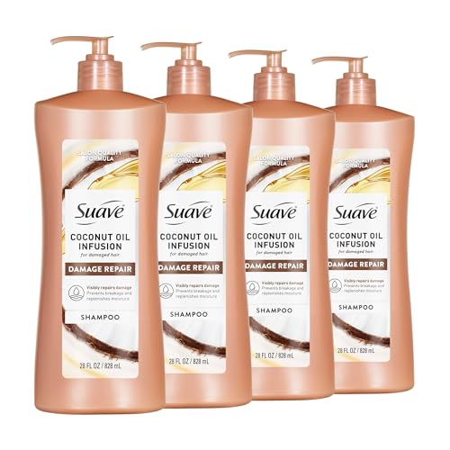 Suave Coconut Oil Infusion Shampoo for Damaged Hair, Salon-Proven Damage Repair System, Hydrates & Moisturizes for Visible Repair in 3 Uses, 28 FL OZ Pump, 4 Count