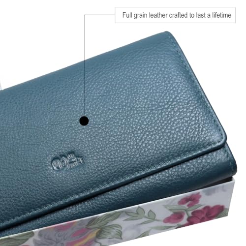 Image of Women's Top Grain Leather Wallet, RFID Blocking Bifold clutch, 17 Card Slots, Zip Pocket Organizer, Elegant Gift for Women - Birthday, Valentine, Anniversary - TEAL BLUE