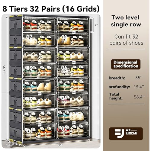 Image of 32 Pairs Portable Shoe Storage Cabinet of 3-Step Fast Installation, Plastic Shoe Box with Magnetic Clear Door for Entryway, Enclosed Shoe Rack for Sneaker, Heels etc. (2Row, 8Tier)