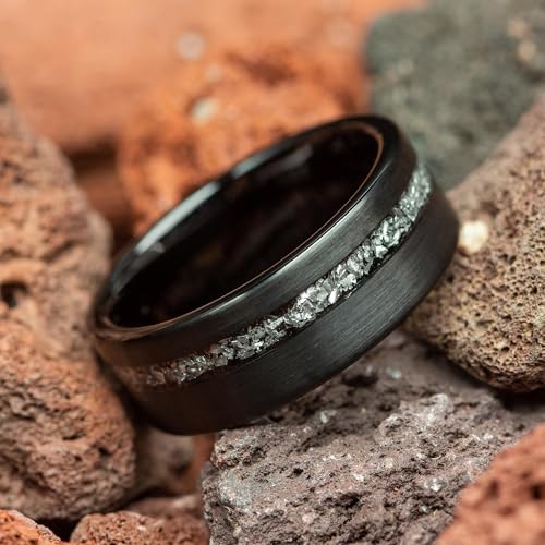 Custom Engraved Men's Wedding Ring Black Brushed Tungsten Meteorite Inlay, Personalized Wooden Ring Box - 8mm Comfort Fit3