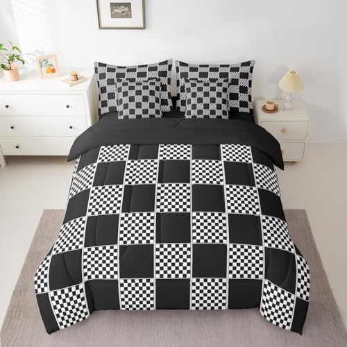 Image of Erosebridal Geometric Checkered Full Bed in A Bag 7 Piece Black White Buffalo Plaid Comforter Set with Sheets Checkerboard Gingham Bedding Sets for Kids Boys Teen,Modern Fashion Grids Bed Set