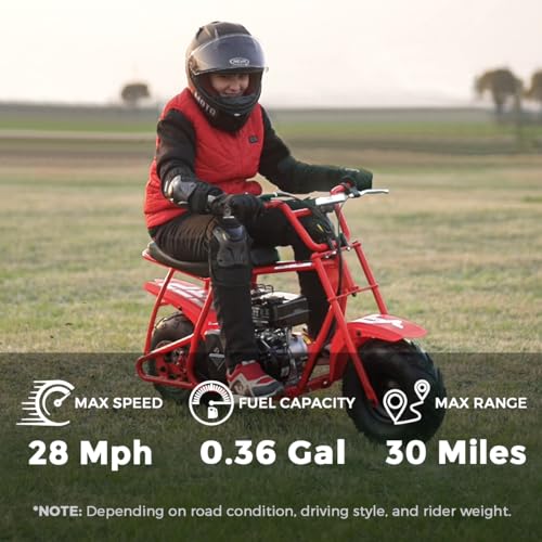 FRP GMB100 Mini Bike, 99 CC 4 Stroke for Adults, 3 HP Gas Powered Dirt Bike, Off Road Motorcycle With LED Headlight and Neck Gaiter, Up to 24 Mph, Weight Support Up to 185 LBS (RED)