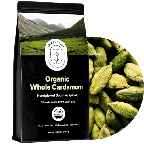 Tribal Trail Organic Green Cardamom Pods (8 mm Bold) | 4.02 oz | USDA Organic &amp; Non-GMO | Ethically Sourced from Kerala, India | Recyclable Kraft Bags | Best for Tea, Coffee &amp; Baked Goods | Floral, Sweet &amp; Spicy