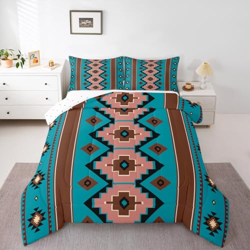 Image of Feelyou Boho Aztec Kids Comforter Set Full Size West Bedding Set Teel Brown Duvet Quilt for Kids Boys Girls Bedroom Western Decor Microfiber Ultra Soft Breathable