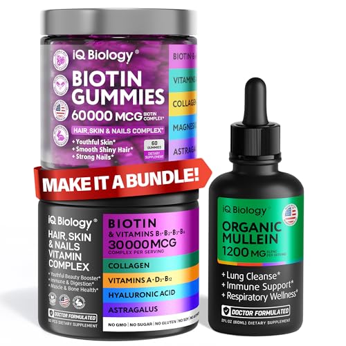 IQ BIOLOGY Biotin & Mullein Bundle - Hair Growth, Skin & Nails Vitamins, Respiratory Support - Biotin Capsules, Gummies, Mullein Drops, Immune & Respiratory Boost | 60 Caps + 60 Gummies + 2 Fl Oz
