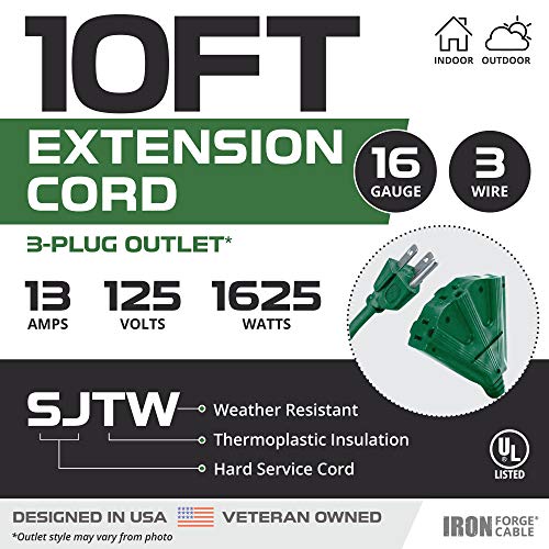 Iron Forge Outdoor Extension Cord 10 Ft With 3 Outlet, 16/3 Green Outdoor Extension Cord Waterproof Cable With Multiple Outlets 3 Prong, Landscaping, Lawn Mower & Major Electric Appliances #TOP1