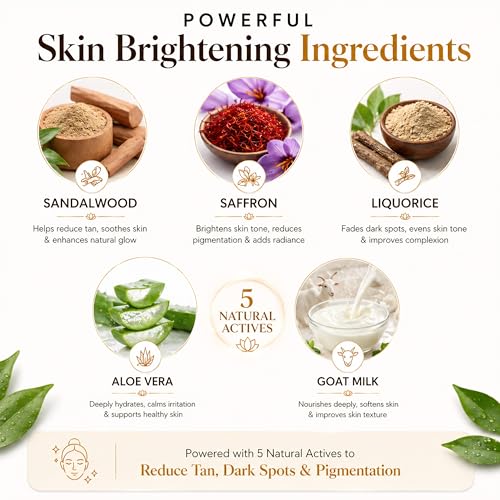 Image of Skin Brightening & Tan Removal Soap | Ayurvedic Bath Soap for Men & Women | Sandalwood, Saffron, Aloe Vera & Goat Milk | Helps Reduce Dark Spots & Uneven Skin Tone | Face & Body | Pack of 4 x 100g (400g)