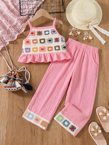 Image of WDIRARA Girl's 2 Piece Outfits Boho Floral Crochet Ruffled Sleeveless Cami Top and Wide Leg Pants