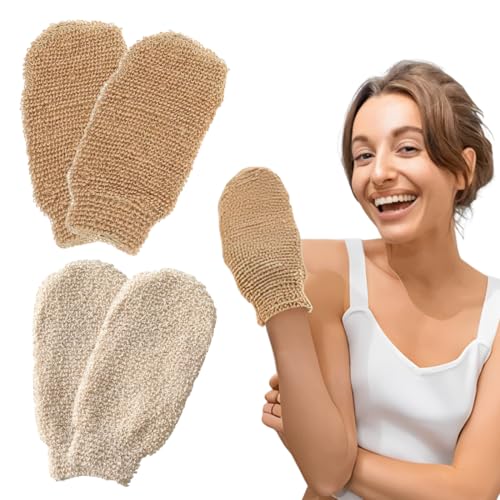 Lot de 4 Gants de Crin Exfoliants en Fibre de Ramie Naturelle, 2 Intensités (Robuste et Doux) pour Gommage Corps, Soin du Visage et Massage à Sec, Idéal pour Douche et Sauna