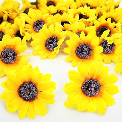 ROLLWAY 150 Stück Künstliche Sonnenblumen Köpfe 4.5cm, Sonnenblumen Deko Blumen Kunstblumen Blumenköpfe Sunflowers Seidenblumen Gelb Blumendeko für Hochzeit Garten Party Tischdeko Fotografie Handwerk