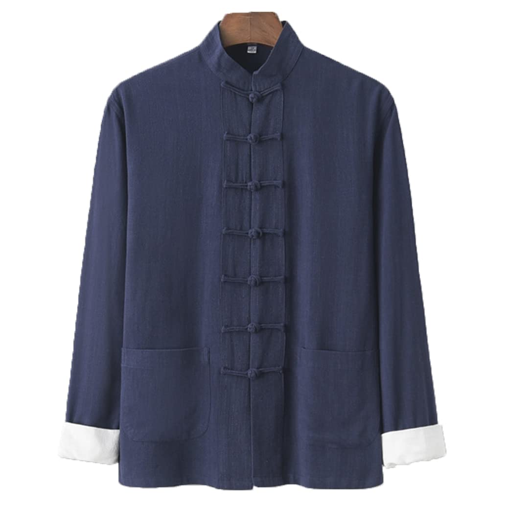 QPZK Cotton Linen Tai Chi Uniform Tang Suit Men Hanfu Chinese Traditional Clothing Martial Arts Clothes Kung Fu Uniform Breathable Long Sleeved Coat Tops Shirt Jacket blue1-4XL