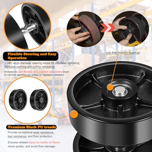 Image of Fit for Crown PTH50 Pallet Jack /Truck Full Wheel Replacement Kit, Pair Steering Wheels 7 inch x 2 inch, Pair Front Load Roller 2.76 inchx 3.74 inch, with Pre-Installed Bearings, Axles, PU Tread, Pins, Entry Roller