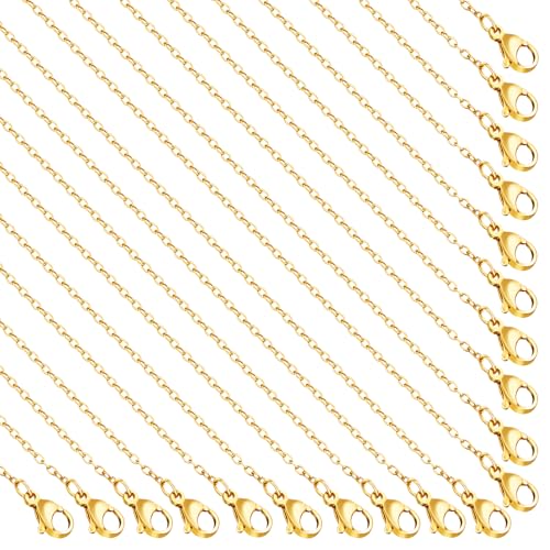 GTVOODX 20 Pack 18k Gold Plated Stainless Steel Chains Bulk for Jewelry Making, 1.8x2mm Flat Oval Cable Chain with Extender Lobster Clasps for Women Necklace DIY Jewelry Making