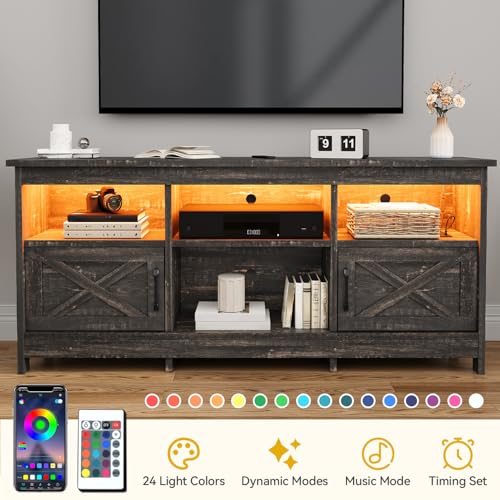 DWVO TV Stand for up to 65 Inch TV, Entertainment Center with Storage, TV Cabinet with Power Outlet & LED Light Strip, Media Console Television Stands for Living Room, Dark Rustic Oak