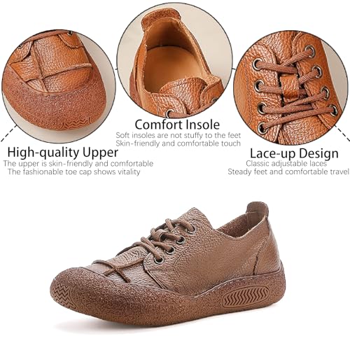 Women's Genuine Leather Platform Walking Shoes Retro Anti-Collision Round Toe Lace-up Anti-Slip Soft Bottom Casual Sneakers for Work Office Sports Shoes3