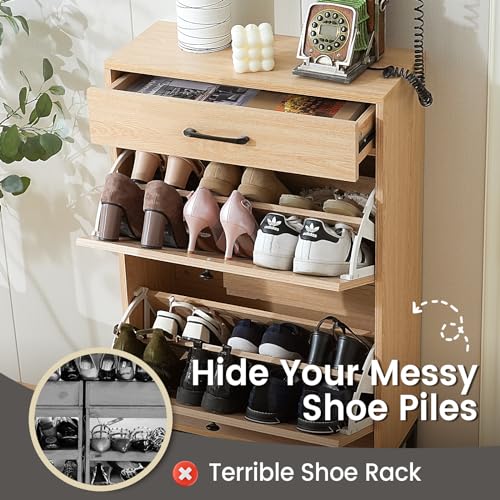 CCF Rattan Wood Shoe Cabinet for Entryway with 2 Flip Drawers & 1 Small Drawer