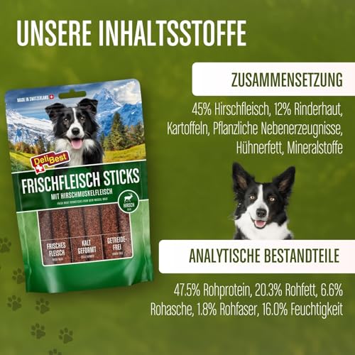 DeliBest Premium Hirschfleisch Sticks I natürlicher Hunde Snack leicht verdaulich I kalt geformt - sehr schmackhafte Hunde Leckerlies aus frischem Fleisch I 6 Stück
