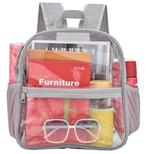 Image of Busiuw Clear Backpack for Stadium Events 12x12x6 Mini Small Sports Fan Backpacks with Front Pocket for Concert Sport Events Work Travel(Grey)