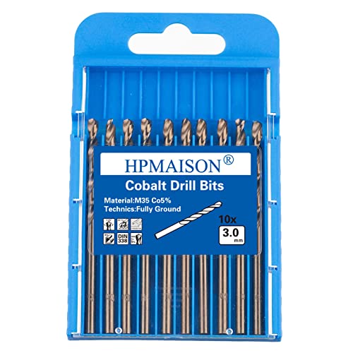 HPMAISON 10 Piezas Juego de M35 HSS Brocas de Cobalto 3mm Broca espiral para Acero Inoxidable, Metal, Cobre, aluminio, Plástico, Madera