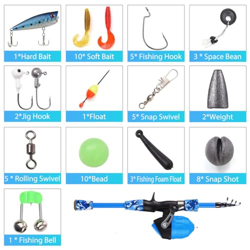 Image of Proberos Kids Fishing Rod Reel Set Outdoor Telescopic 1.2m /1.5m Fishing Rod Reel Set with Line, Lures Accessories Kit & Carry Bag Fishing Learning Kit for Kids Children's Day Gift