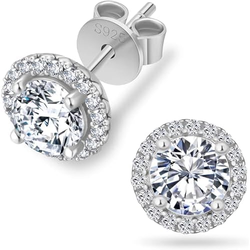 KRKC Moissanite Stud Earrings for Women, 0.5ct-2ct Lab Created Diamond Earring with 14K White Gold Plated S925 Sterling Silver Gift for Girlfriend, Wife 2 Carats-Halo-Silver