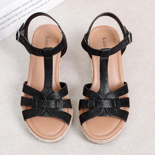 Image of Luoika Women's Wide Width Wedge Sandals, Platform Ankle Strap Open Toe Espadrille Wedge Pump Heel Women's Sandals Concise Casual Summer Shoes.