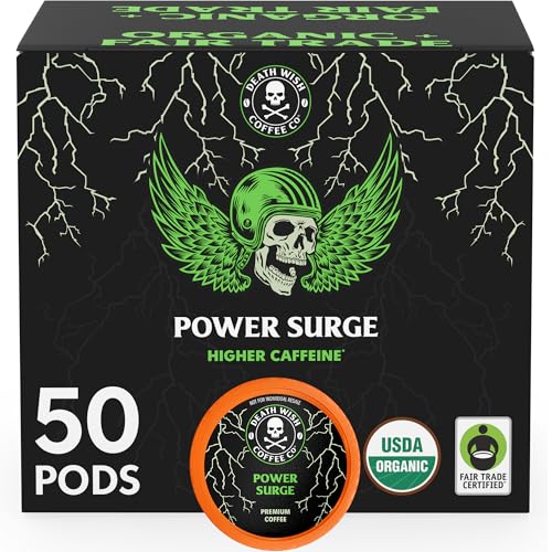 Death Wish Coffee, Power Surge Single Serve Coffee Pods, Naturally Higher Caffeinated Coffee, Certified Fair Trade and Organic (50 Count)