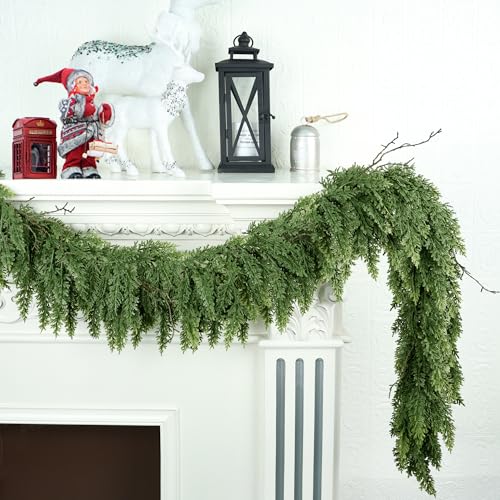 MDSTBN 9ft Christmas Garland Realistic Soft and Thickness Green Faux Cedar Pine Garland Artificial Cedar Cypress Garland for Home Fireplace Wall Indoor Outdoor Holiday Party Home Decoration