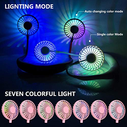 Hand Free Mini USB Personal Fan - Rechargeable Portable Headphone Design Wearable Neckband Fan,3 Level Air Flow,7 LED Lights,360 Degree Free Rotation Perfect for Sports, Office and Outdoor (Pink)