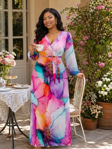 Image of PinkPatty Women's Long Sleeve Maxi Dress Plus Size Trendy Wedding Guest Wrap Dress with Pockets&Belt