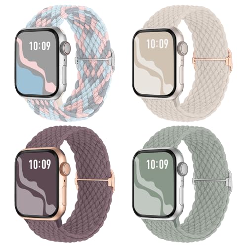 Image of 4 Pack Braided Stretchy Bands Compatible with Apple Watch 40mm 41mm 38mm 42mm 44mm 45mm 46mm 49mm Women Men, Breathable Nylon Elastic Daily Use Straps for iWatch Series 11 /10 9 8 7 6 5 4 3 SE /Ultra 2
