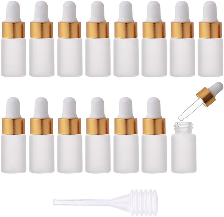 Enslz 15pcs 3ml Mini Empty Frosted Essential Oil Glass Dropper bottle Reusable Bottles Vial Nasal Oil dropper refillable bottle with Metal Screw Mouth lid&rubber Bulb (3ml, Gold)