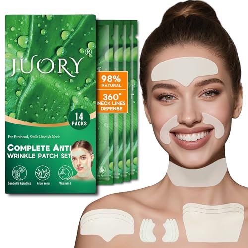 Forehead Smile Line and Neck Herbal Wrinkle Patches with CentellaAsiatica, Aloe, Vitamin E and Collagen, Overnight Facial Anti-WrinkleCare to Lift and Smooth Skin for Women and Men, 14 Pack