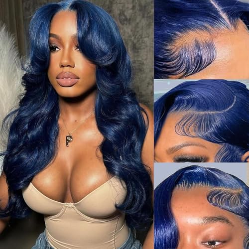 FOTUKIL 28 Inch Blue Wig Human Hair 13X6 Body Wave Lace Front Wigs Human Hair Blue Glueless Wear and Go Hd Full Lace Frontal Wig for Women 180% Density