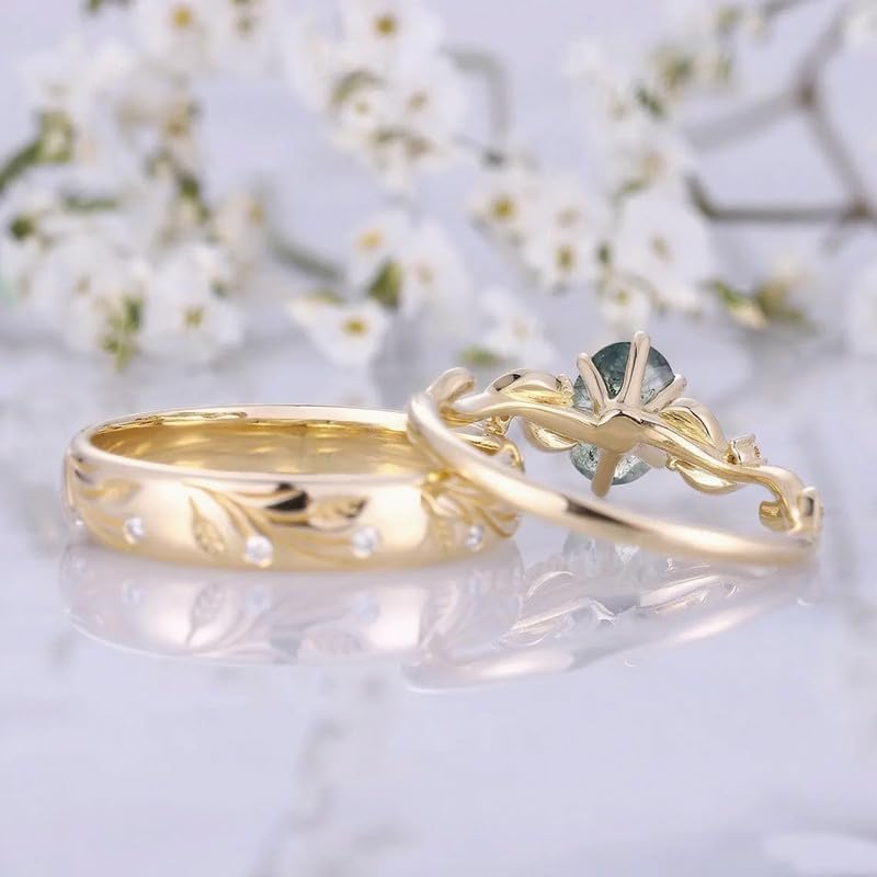 10K 14K 18K Gold Custom Natural Moss Agate Couple Rings 2PCS/3PCS Moss Agate Wedding Promise Ring Sets for Him and Her Couple Size 3-16 - Image 4