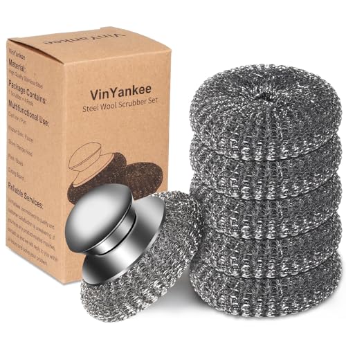 6Pcs Steel Wool Scrubber with Replacement Wire Pads Set, Stainless Steel Scrubber with Handle for...