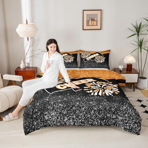 Image of Feelyou Orange Glitter Cheer Comforter Set Toddler Size Dreamy Girly Gymnastic Sports Comforter for Kids Boys Girls Gymnastics Lovers Bedding Set Cheer Sports Duvet Set Room Decor Quilt Set