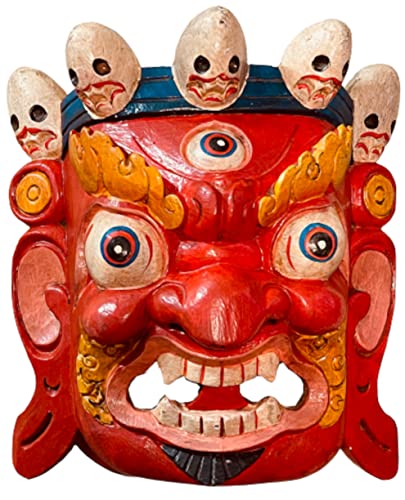 QT Shopping Hand Crafted Bhairab Wooden Mask of Hindu God Red Bhairab for Decorative Wall Hanging Lord Mahakal Bhairab Wooden Wall Decor Mask Handmade in Nepal