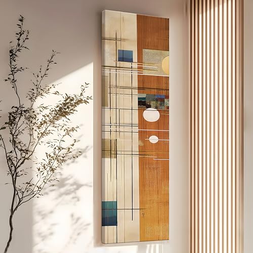 Image of Abstract Geometric Stretched Canvas Wall Art Painting for Living Room, Mid-Century Modern Linear Grid Canvas Wall Decor For Livingroom, Bedroom, Office, Hallway's, Hotel 12x46 Inch