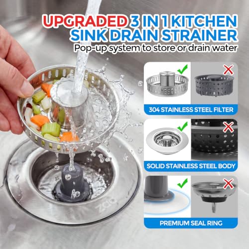 Image of ZAA 3-in-1 Kitchen Sink Drain Strainer, 304 Stainless Steel Sink Stopper | Silver, fits 3-1 /2 inch US drains, tool-free. Pop-up for storage /drain. Anti-clog, easy empty. Oil-resistant, dishwasher safe