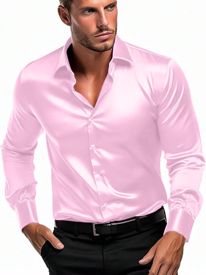 IndoPrimo Men’s Satin Shirt with Spread Collar Neck Line Solid Pattern Full Sleeves Regular Fit Western Style and Standard Length