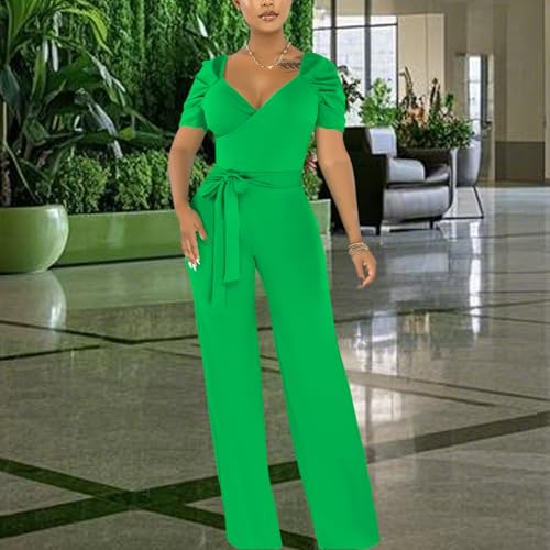 Image of PaladMom Womens Elegant Plus Size Jumpsuits Sexy Back zipper Short Sleeve Mid Waist Wide Leg Straight Rompers