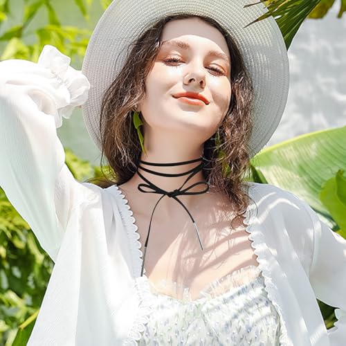 Lange Choker Kette Damen Velours Lederhalskette Schlüsselbein Choker Halskette Stretch Vintage Boho Leder Halsketten Verstellbare Schwarz Halsband Damen Schmuck für Halloween Geburtstag Party Cosplay