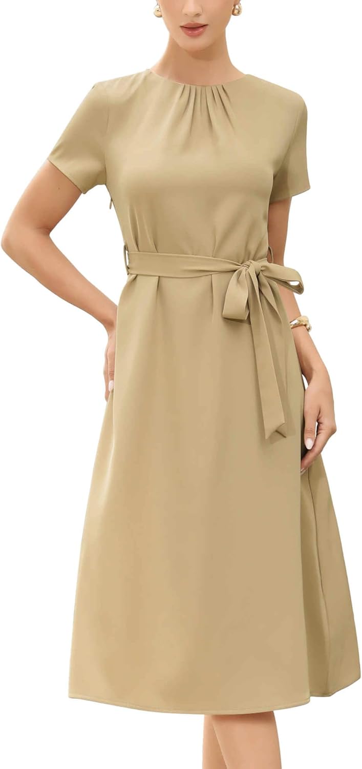 Allegra K Work Dresses for Women Summer Short Sleeve Crew Neck A Line Flowy Business Casual Dress with Belt