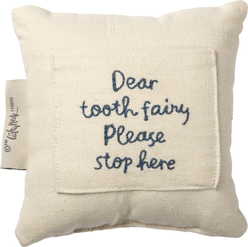Image of Primitives by Kathy Dear Tooth Fairy Stop Here Mini Tooth Pillow, 5x5-Inch, Cotton Blend, Blue Embroidered Keepsake with Storage Pocket and Tooth Design on Front