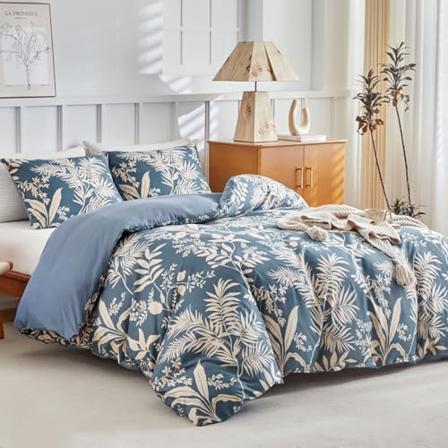 Lekesky Housse de Couette 220x240 cm avec 2 Taies d'oreiller 65x65 cm - Motifs de Plantes Tropicales Parure de Lit 220x240 - en Microfibre avec Fermetures éclair, Bleu...