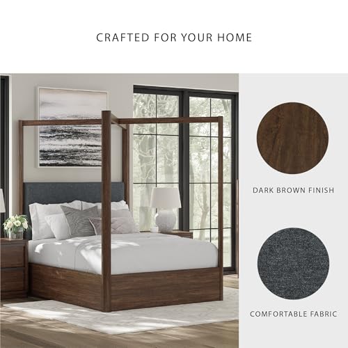 Image of Signature Design by Ashley Kendamor Modern Canopy Bed with Upholstered Headboard and Nailhead Accents, Foundation or Box Spring Needed, Queen, Dark Brown