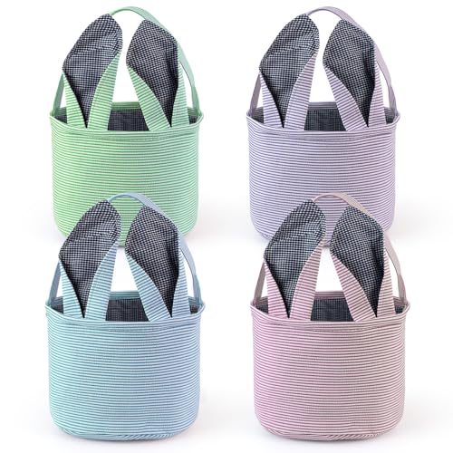 4 Pack Easter Basket Seersucker Egg Hunt Bunny Baskets for Kids with Cute Rabbit Ears Stripe Storage Gifts Candies Personalized Easter Party Gifts (4 Colors Set)