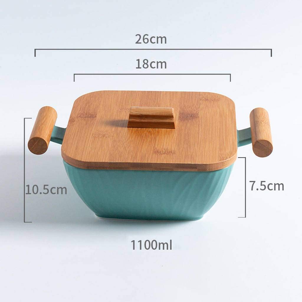 Suppenschüsseln mit Griff, Keramik im japanischen Stil Anti-Verbrühung Große Kapazität mit Holzdeckel Obstsalat Grün-1100ML